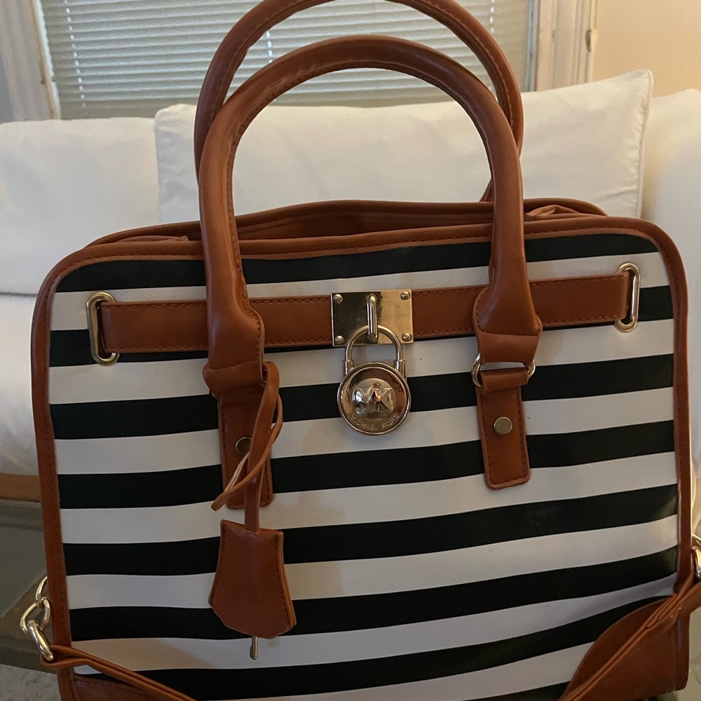 Striped Black and White Tote Bag with Brown Accents - Picture 2 of 8